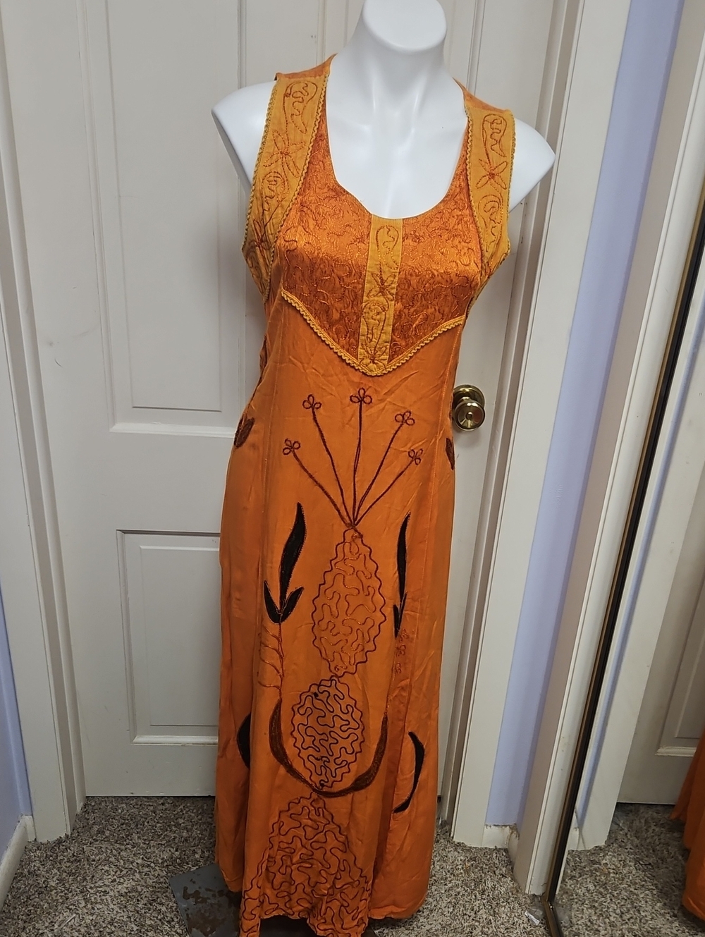 VINTAGE Bohemian PUMPKIN  Orange Embroidered Maxi Dress